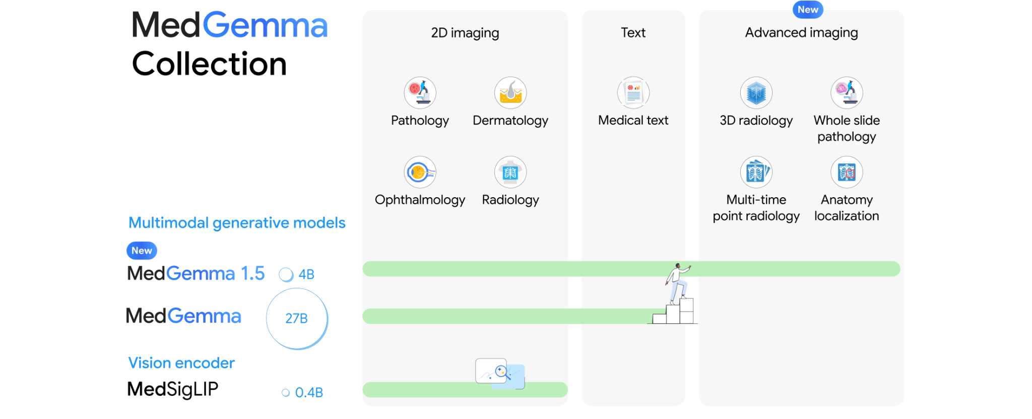 MedGemma collection: MedGemma 1.5 4B, MedGemma 27B, and the MedSigLIP vision encoder across 2D imaging, text, and advanced imaging